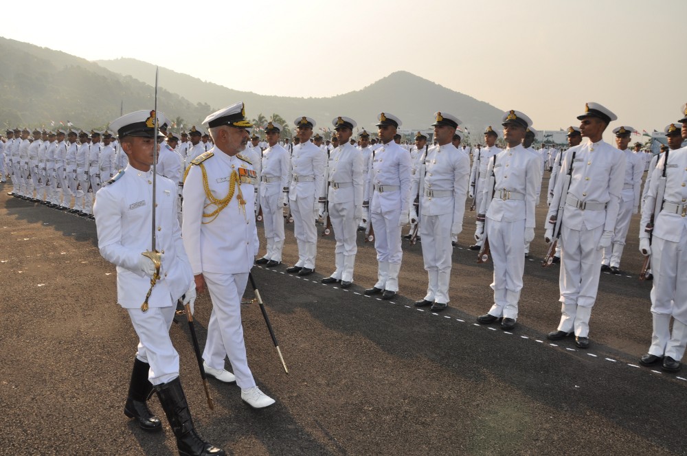 Chief of the Naval Staff, Admiral DK Joshi reviewing the ceremonial guard during Passing-out parade held at INA