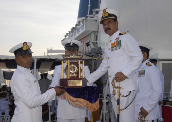 Cadet Subhash Kumar KP receiving the Director General Coast Guard Trophy for the best Coast Guard Cadet. He also received the Binocular for standing first in overall order of merit
