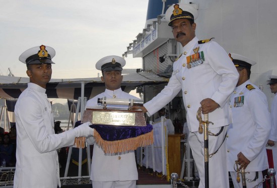 Cadet Ankush Kumar Singh receiving the Chief of the Naval Staff trophy and Telescope for the Best All Round Cadet