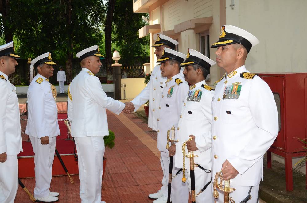 Rear Admiral Sanjay Mahindru meeting the officers of Submarine Headquarters before taking over as FOSM
