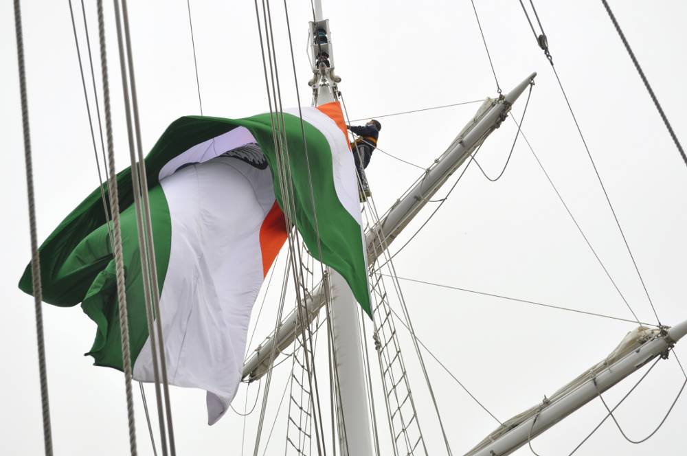 Unfurling Tallship Flag at Foremast Before Leaving Harbour