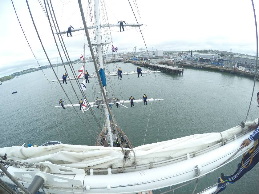 Sea Trainees Aloft - Manning the yards while entering Plymouth