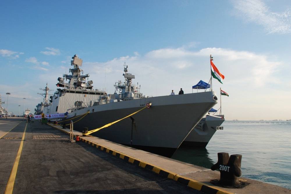 INS Satpura and INS Kamorta berthed alongside at Changi Naval Base