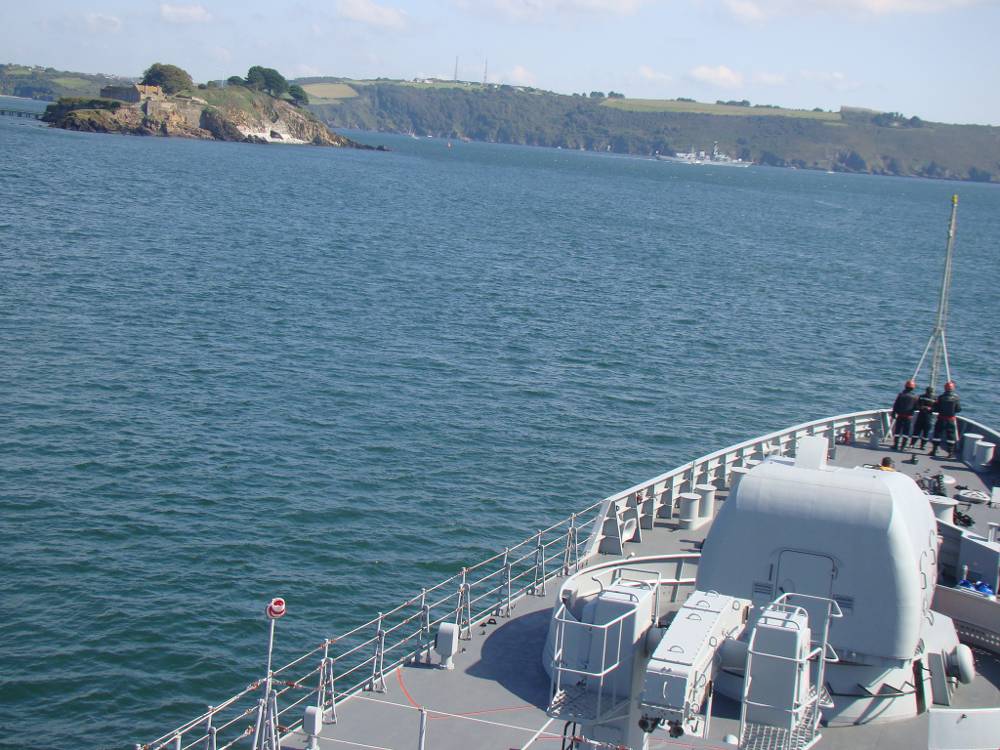 INS Trikand and HMS Iron Duke Leaving Plymouth Harbour for Exercise KONKAN 15