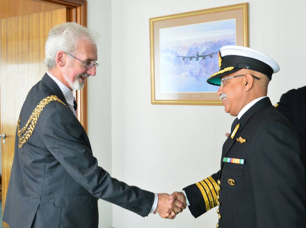 Capt Vinay Kalia Being Greeted by Councillor Dr John Mahoney (Lord Mayor of Plymouth)
