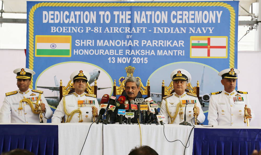 The Union Minister for Defence, Shri Manohar Parrikar interacting with media after the Induction ceremony of P8i Boeing aircraft Sqn at INS Rajali, Arakkonam on November 13, 2015