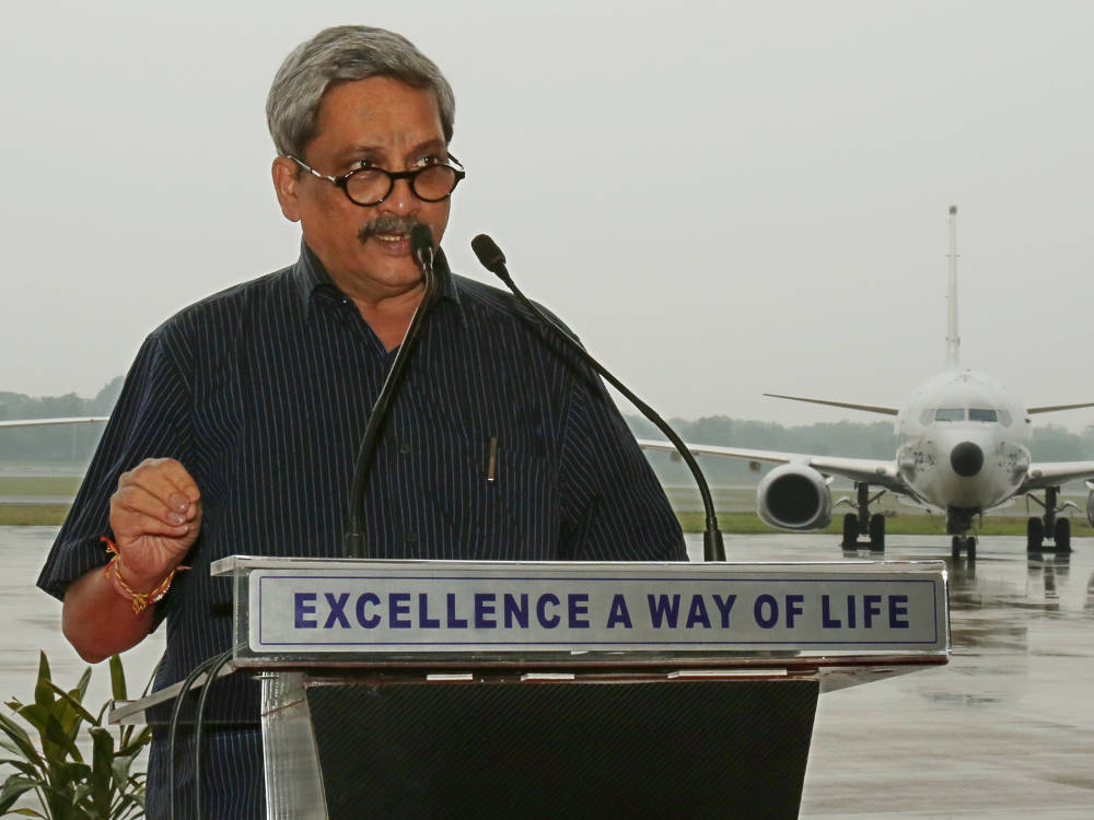 >The Union Minister for Defence, Shri Manohar Parrikar addressing the gathering at the Induction Ceremony of P8i Boeing aircraft Sqn at INS Rajali, Arakkonam on November 13, 2015