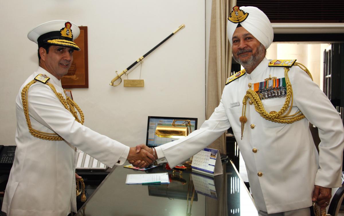 Admiral RK Dhowan being congratulated after taking over as new Chief of Naval Staff