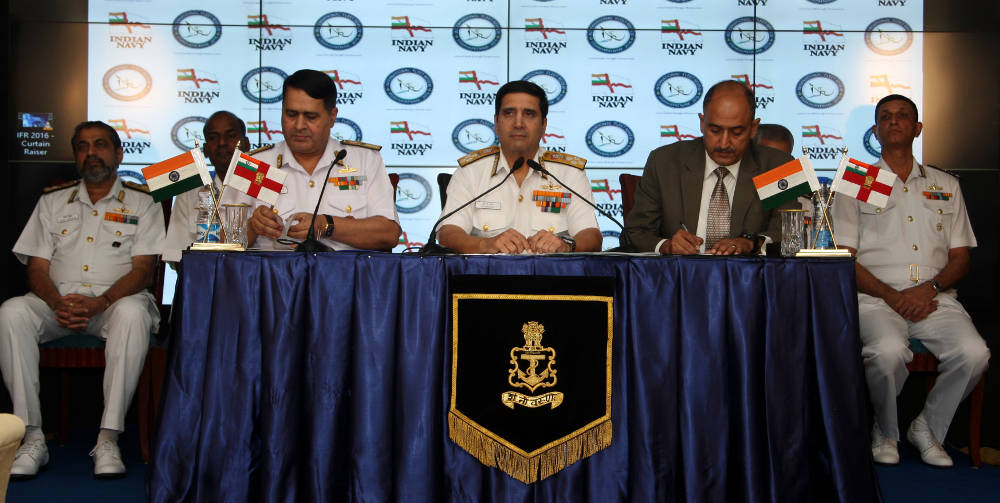 The Chief of the Naval Staff, Admiral RK Dhowan addressing national media at the International Fleet Review 2016 (IFR) Curtain Raiser at New Delhi