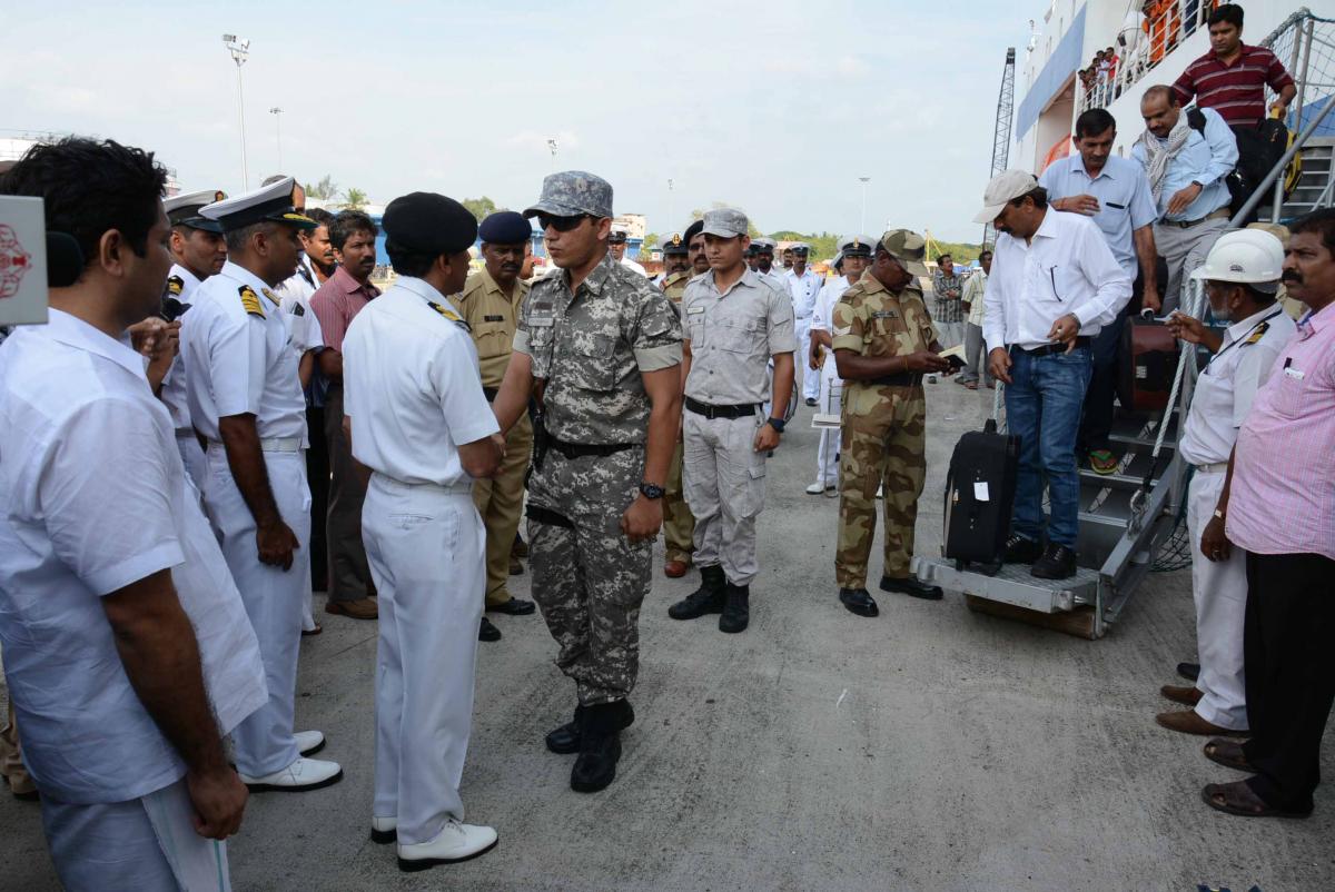 Marine Commandoes on board MV Corals Being received by Commodore Khanijo, Chief Staff Officer, Operations, Southern Naval Command