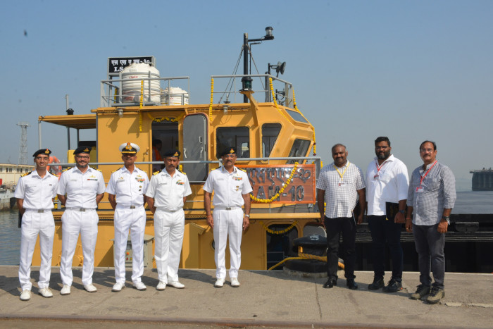 Induction of Missile Cum Ammunition (MCA) Barge, LSAM 10 (Yard 78) fourth Barge of 08 x Missile Cum Ammunition (MCA) Barge project on 28 Dec 23 at Naval Dockyard, Mumbai for NAD(Karanja)