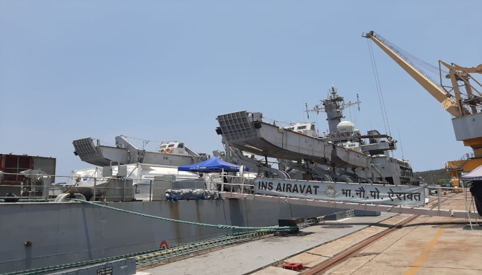INS Airavat with Critical Medical Stores Including Cryogenic Oxygen Tanks and Oxygen Cylinders from Singapore arrives Visakhapatnam