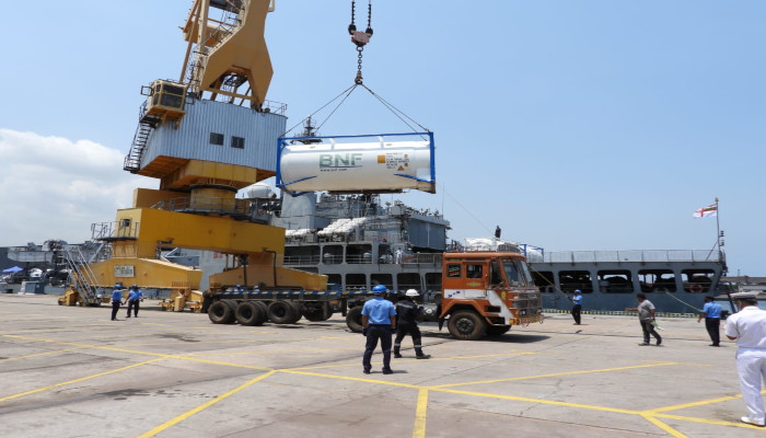 INS Airavat with Critical Medical Stores Including Cryogenic Oxygen Tanks and Oxygen Cylinders from Singapore arrives Visakhapatnam