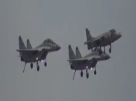 Two Mig29k and a Sea Harrier Flying past at INS Hansa, Goa during De-commissioning ceremony of Sea Harrier